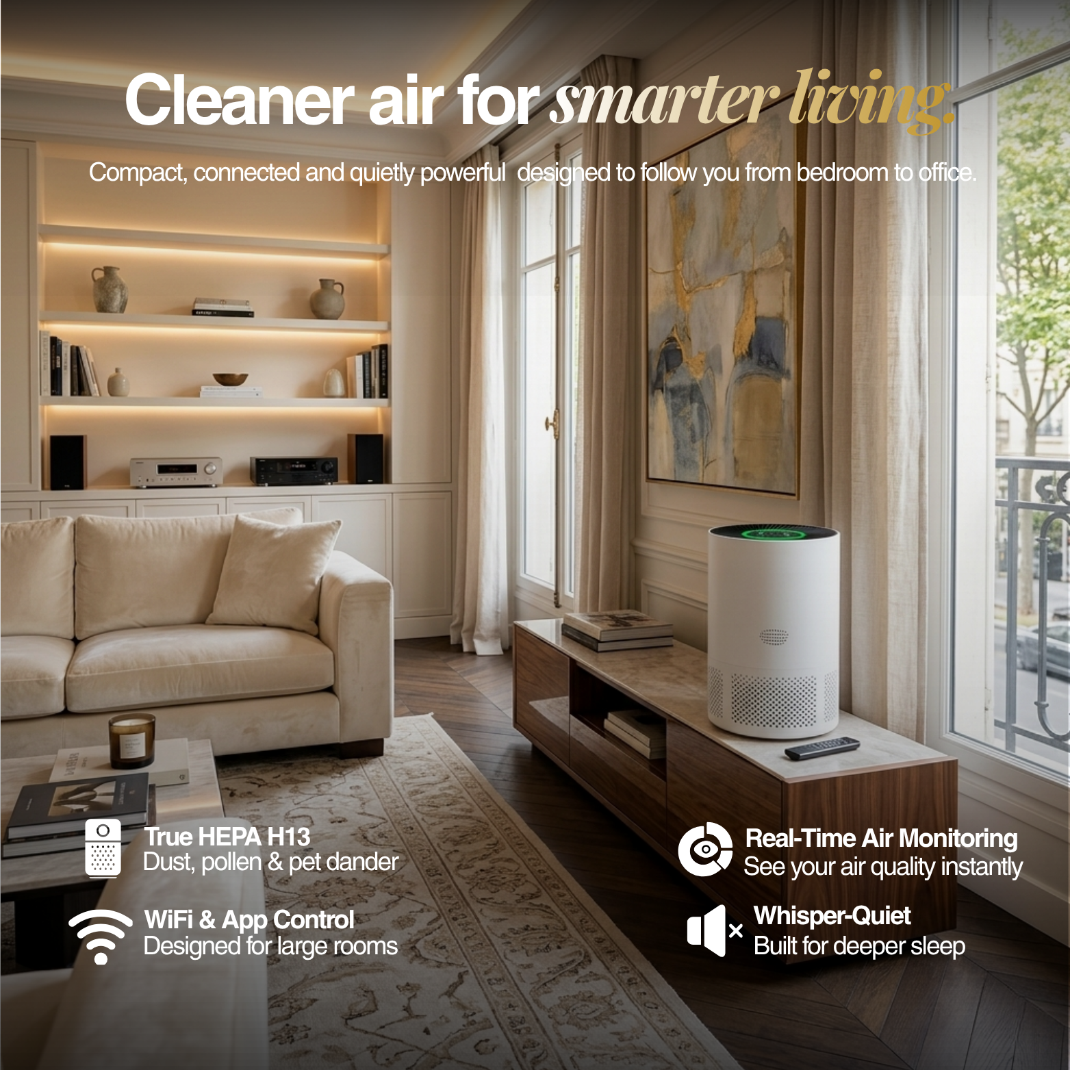 Oxyra 100 — Smart Air Purifier with WiFi & App Control | True HEPA H13 for Bedrooms